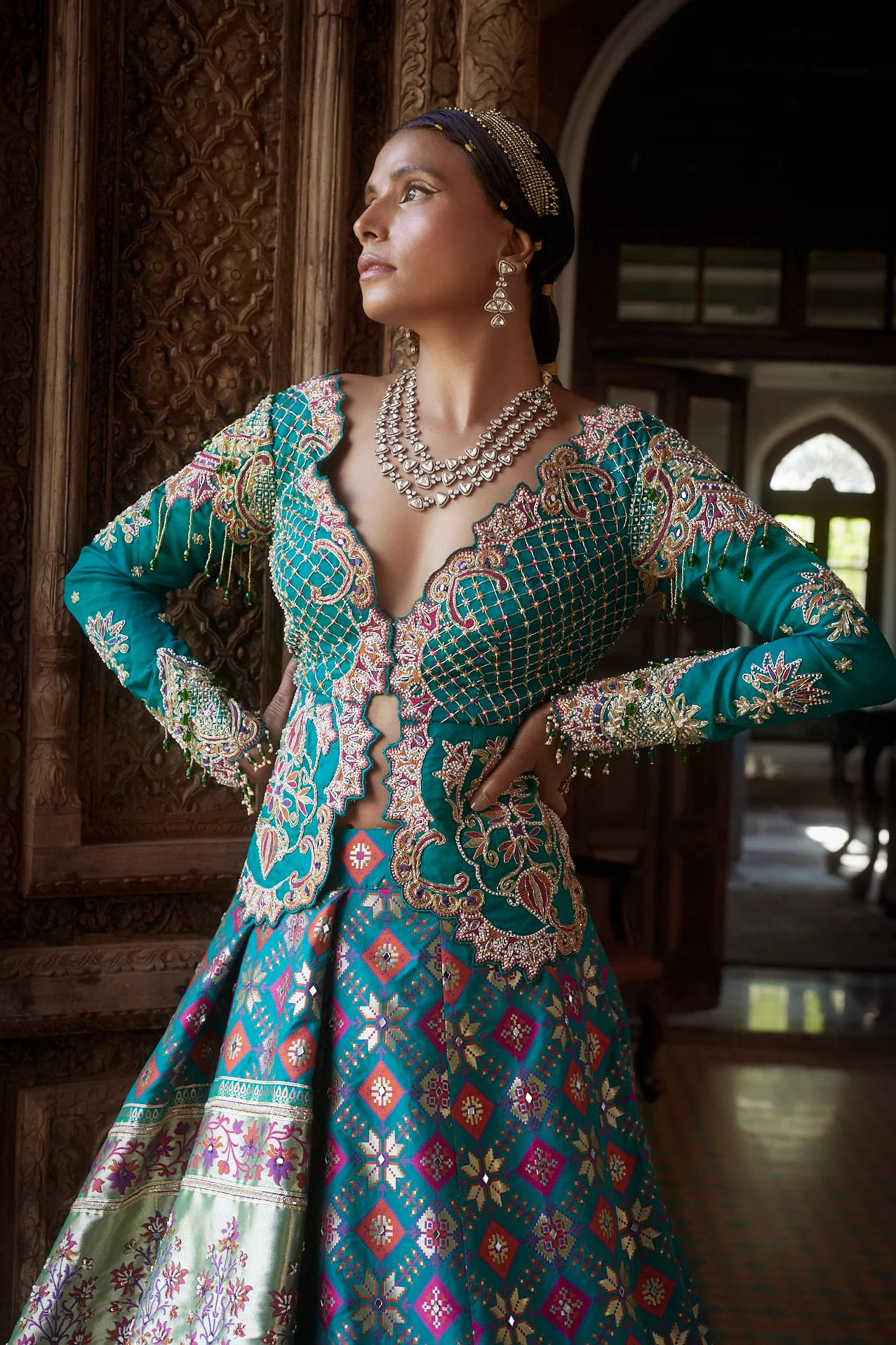 Teal Patola Woven Silk Jacket-Lehenga - Image 3