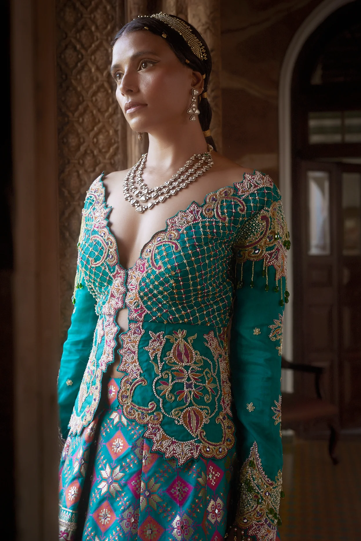 Teal Patola Woven Silk Jacket-Lehenga - Image 4