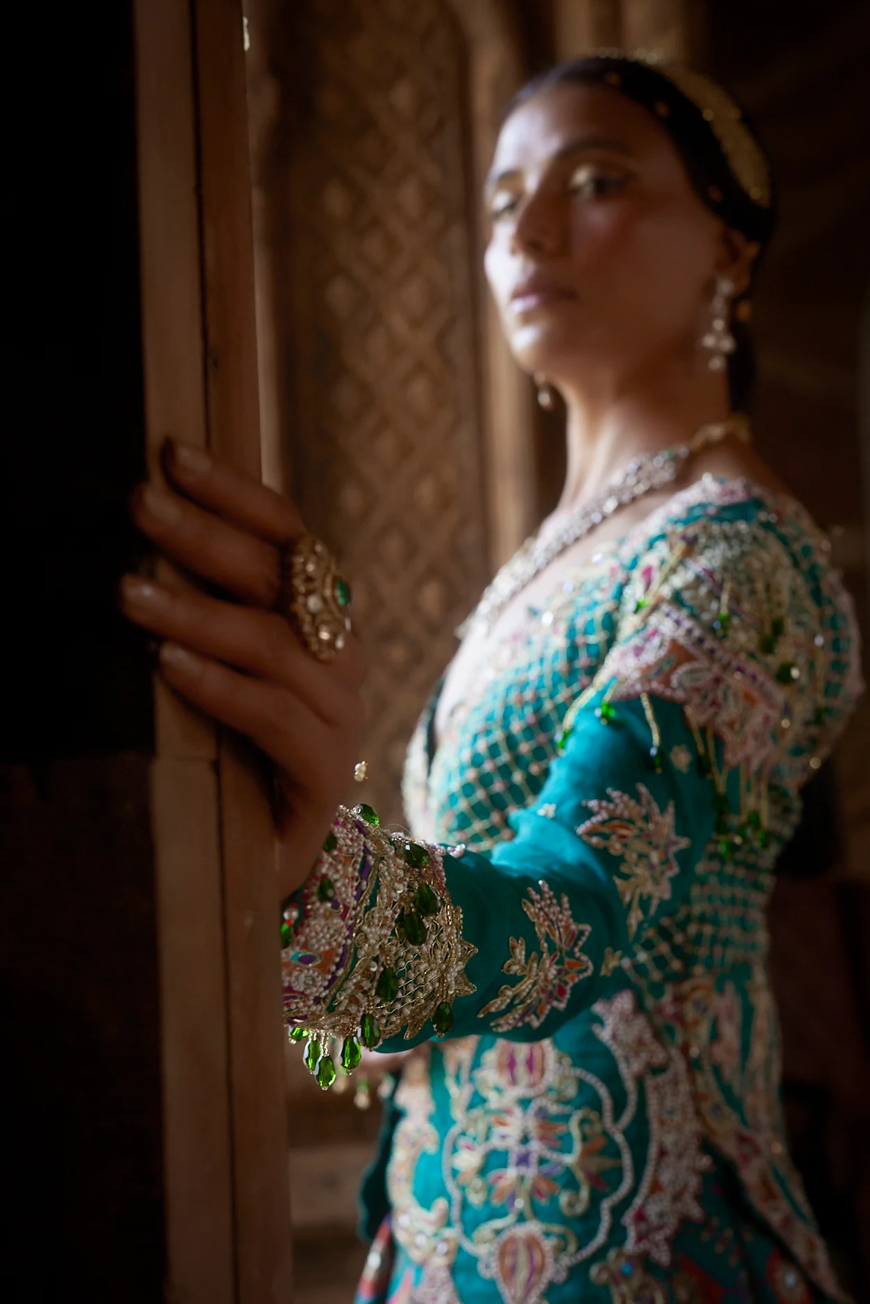 Teal Patola Woven Silk Jacket-Lehenga - Image 5