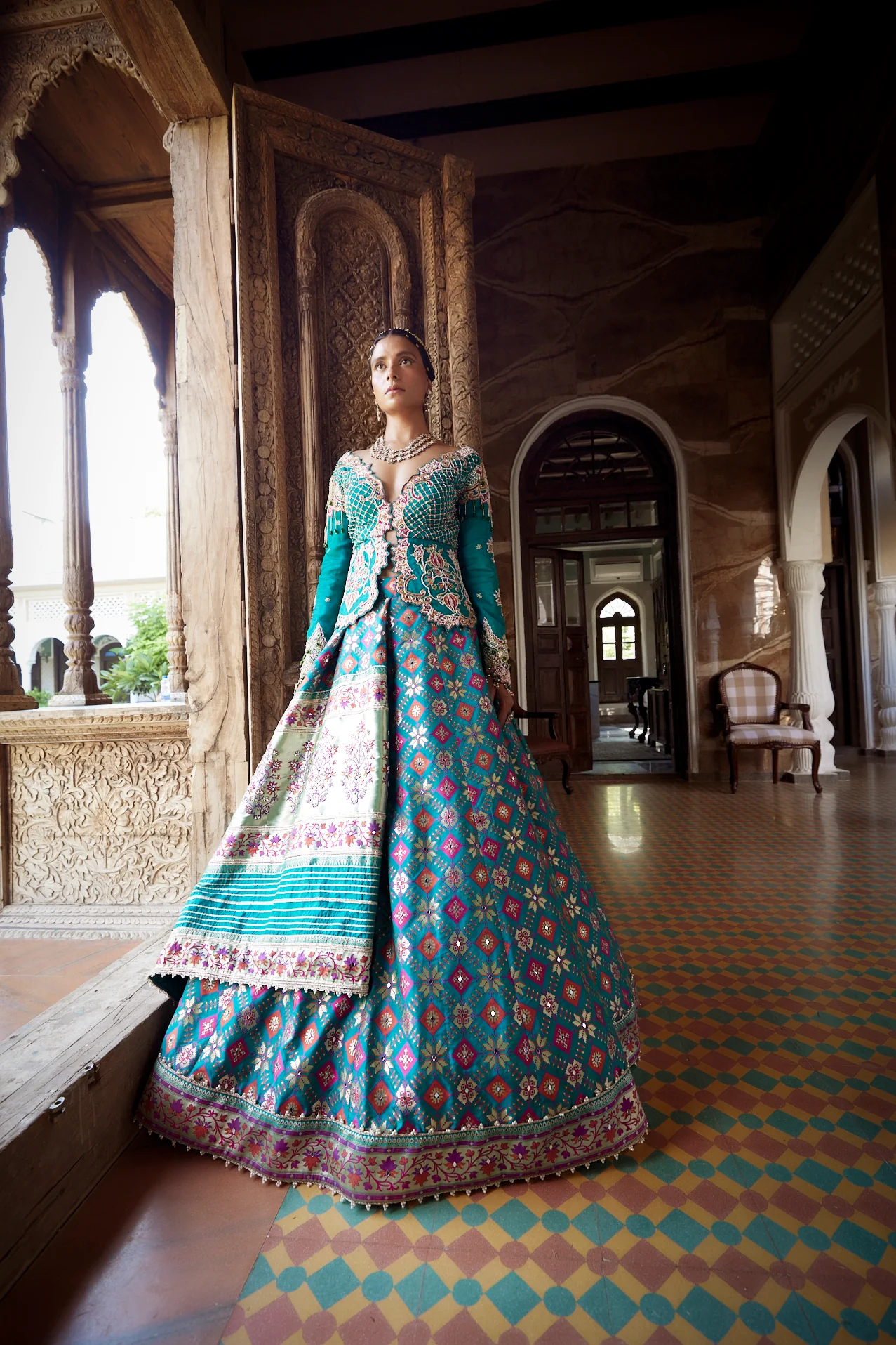 Teal Patola Woven Silk Jacket-Lehenga - Image 6