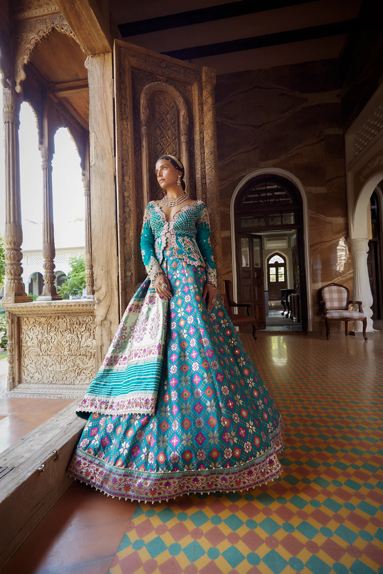 Teal Patola Woven Silk Jacket-Lehenga - Image 7