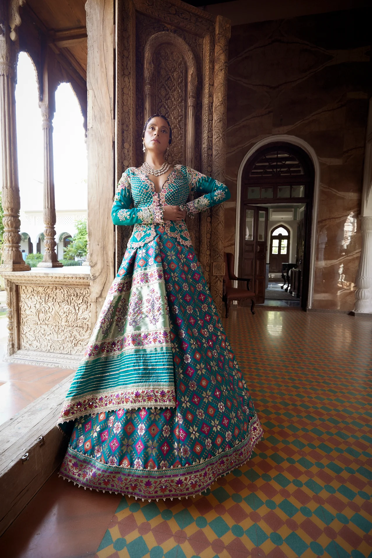 Teal Patola Woven Silk Jacket-Lehenga - Image 8