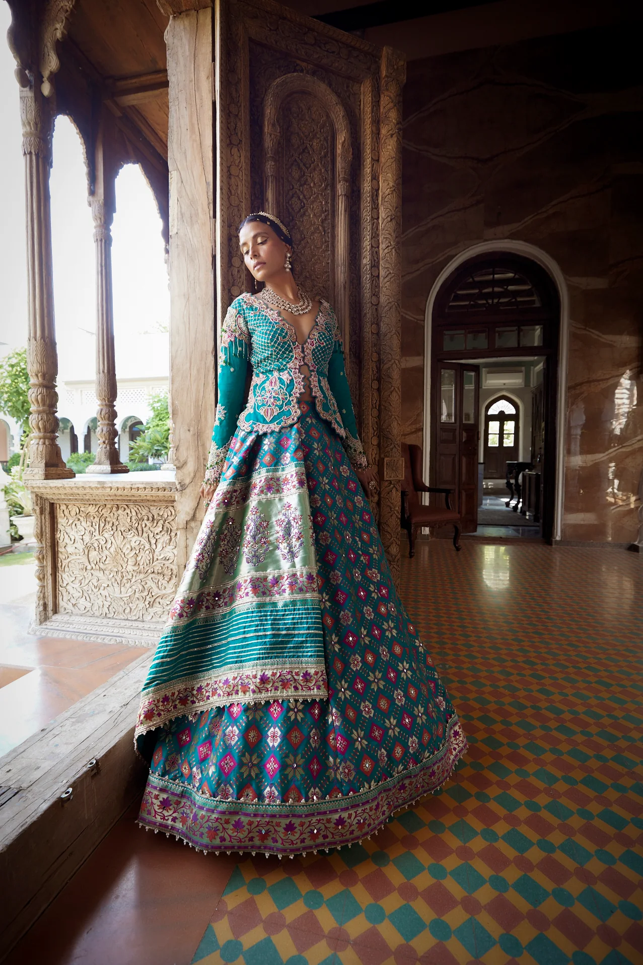 Teal Patola Woven Silk Jacket-Lehenga - Image 9