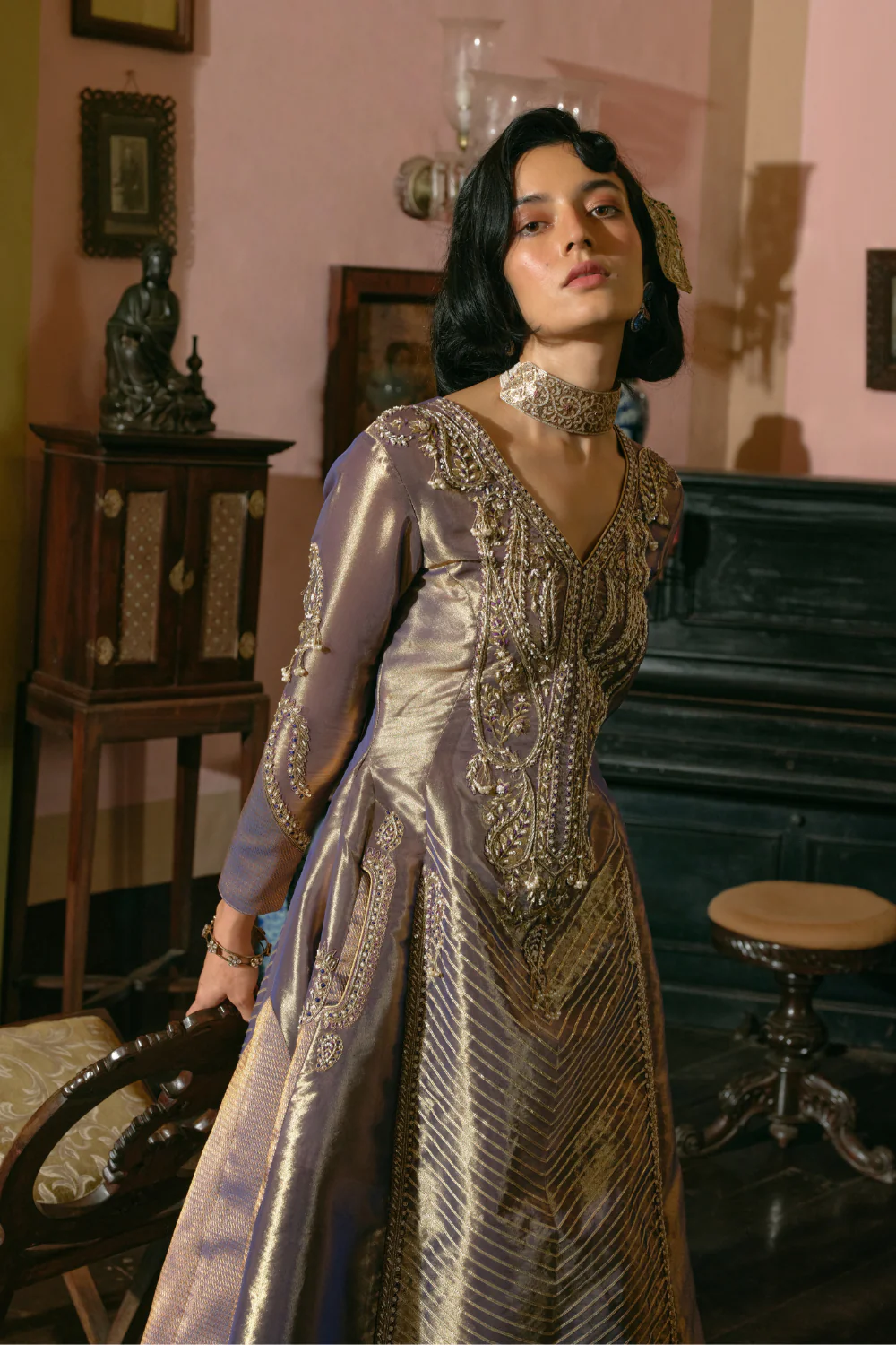 Purple silk zari tissue anarkali with sharara and dupatta set - Image 4
