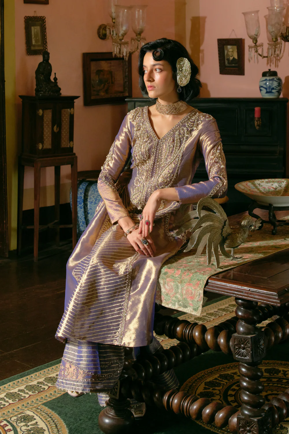 Purple silk zari tissue anarkali with sharara and dupatta set - Image 5