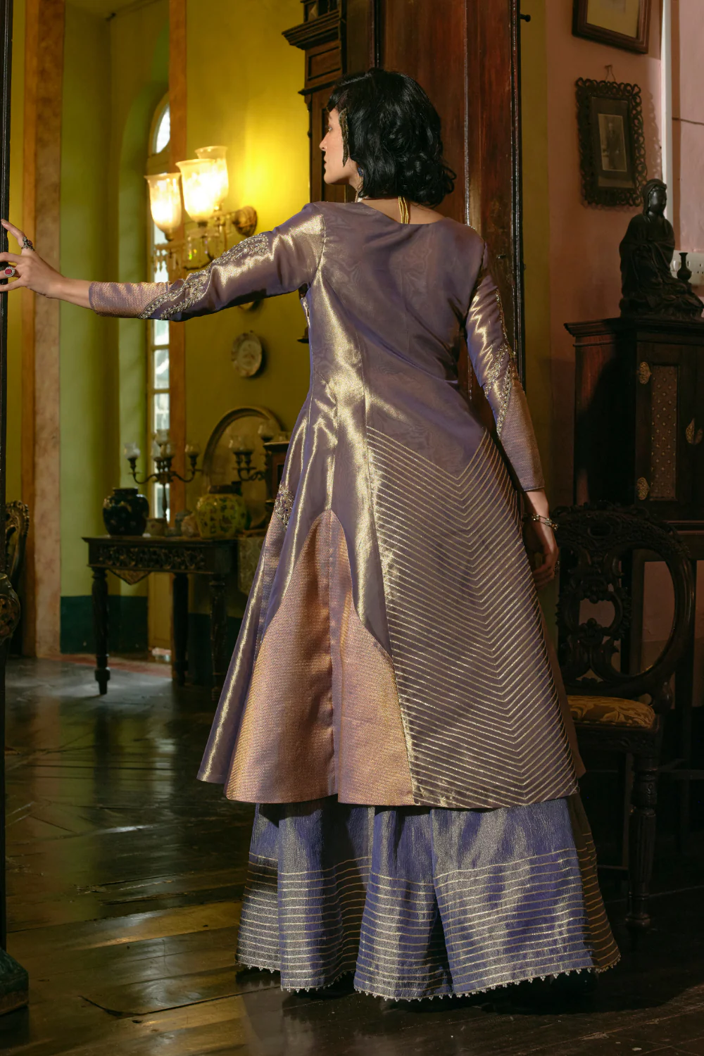 Purple silk zari tissue anarkali with sharara and dupatta set - Image 6