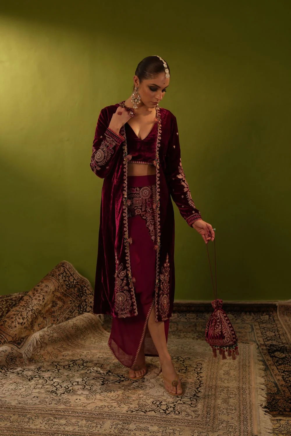 Wine Velvet Drape Skirt, Top And Jacket Set - Image 3