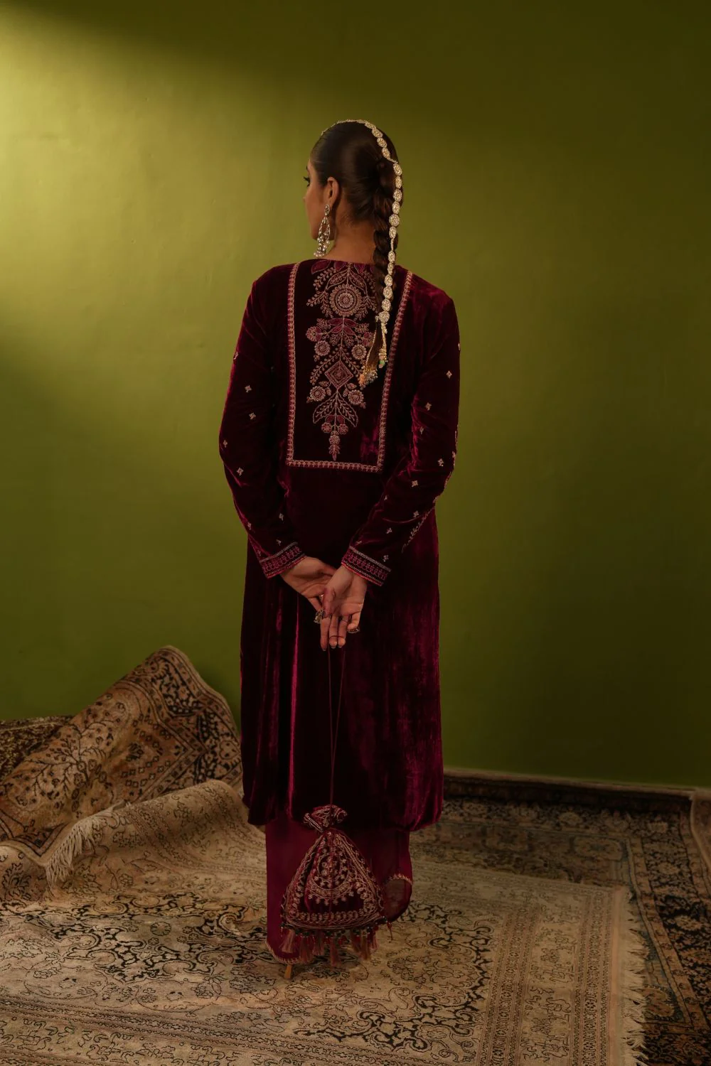 Wine Velvet Drape Skirt, Top And Jacket Set - Image 5