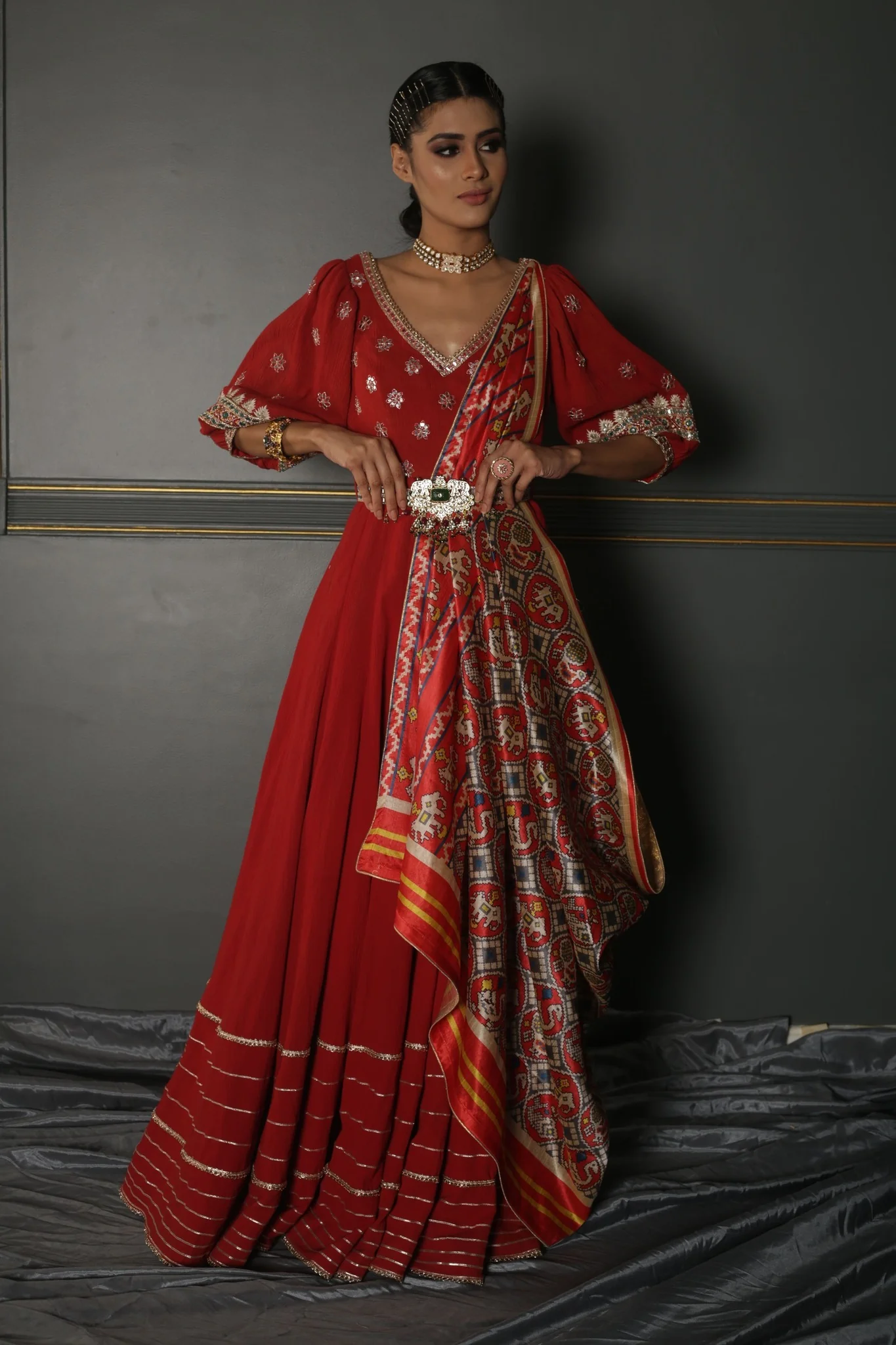 Seema Diwan in RUBY RED ZARDOZI HAND-EMBROIDERED GEORGETTE-SILK ANARKALI - Image 3