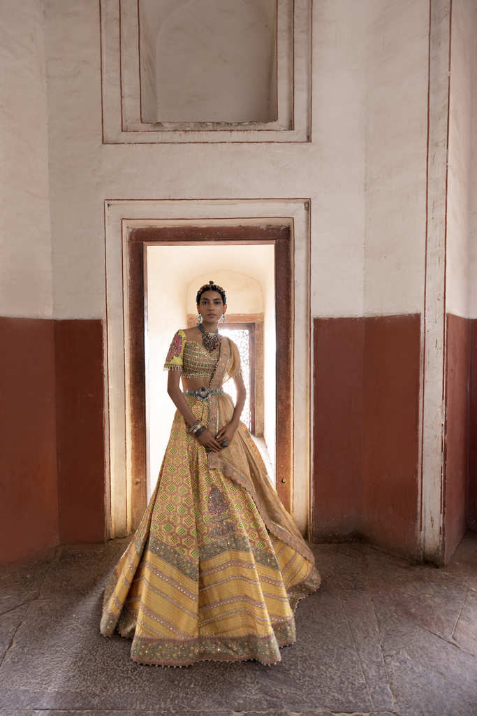Yellow Bandhani Banarasi Woven Lehenga - Image 3