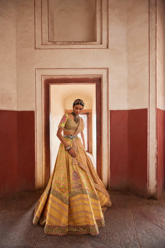 Yellow Bandhani Banarasi Woven Lehenga - Image 4