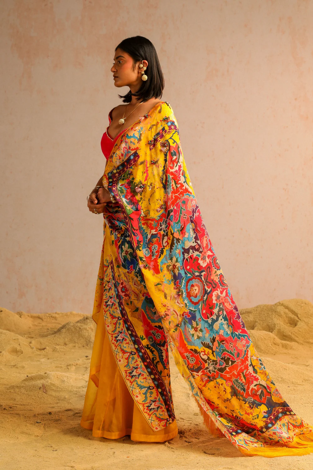 Yellow draped saree with hot pink blouse - Image 3