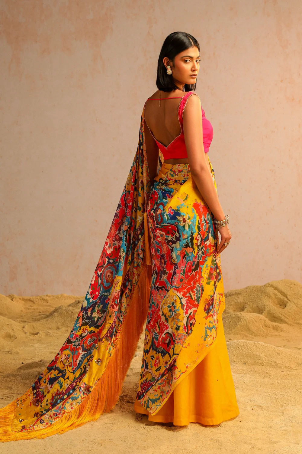 Yellow draped saree with hot pink blouse - Image 4