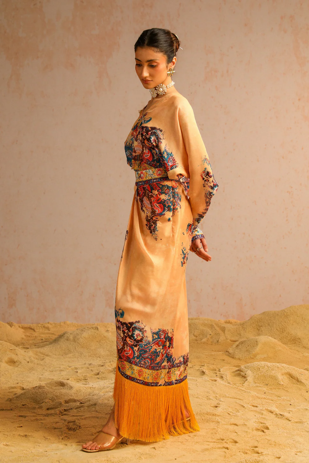 Beige draped skirt with shirt - Image 3