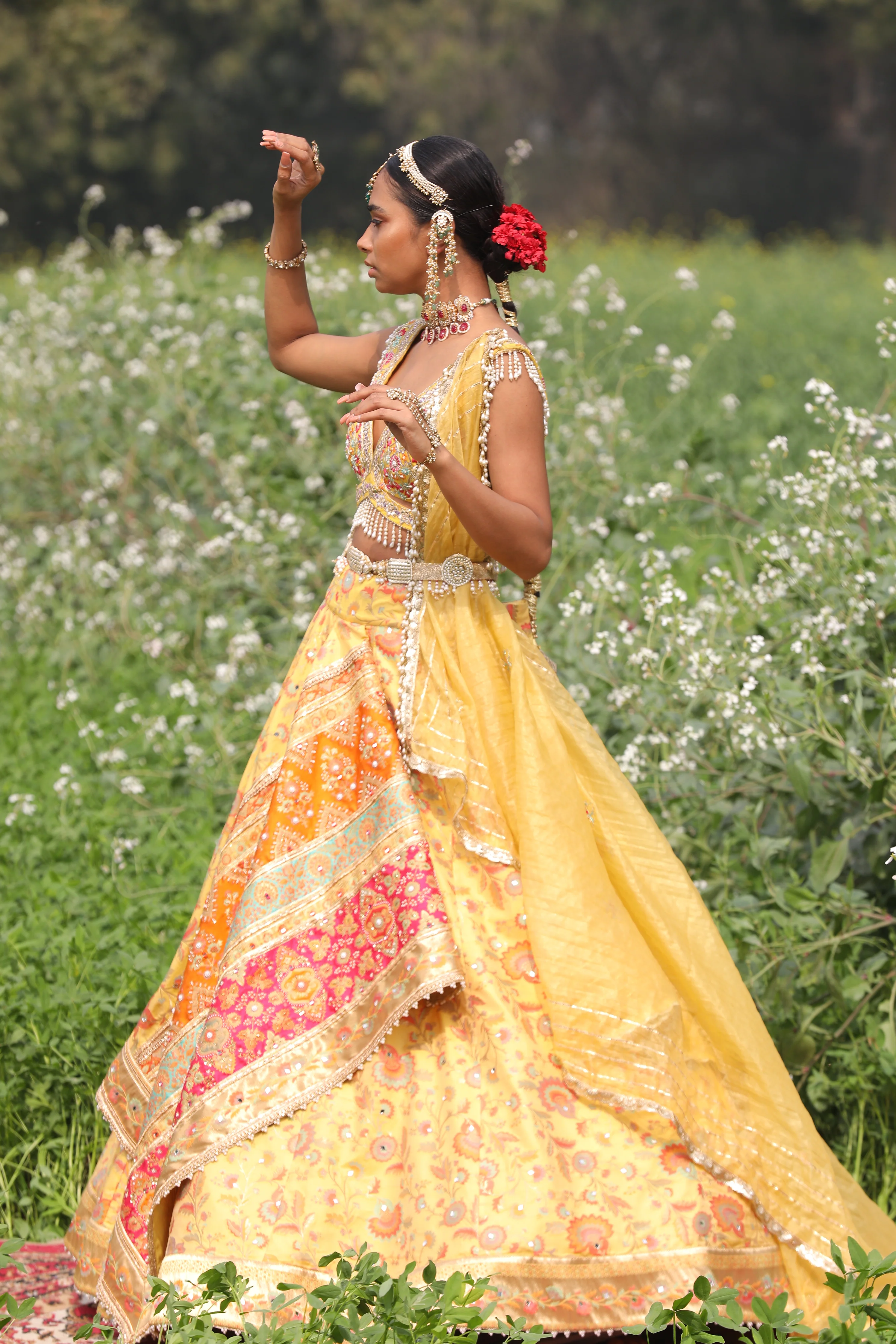 Yellow Flower Kani Silk Lehenga - Image 8