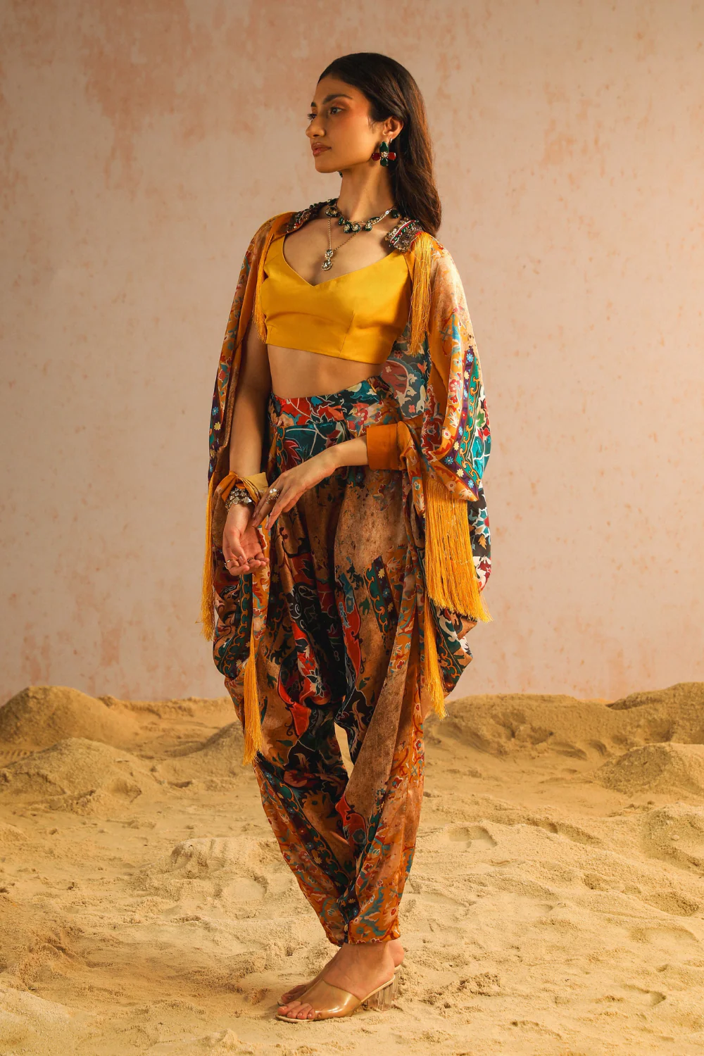 Yellow harem pants with blouse and cape - Image 3