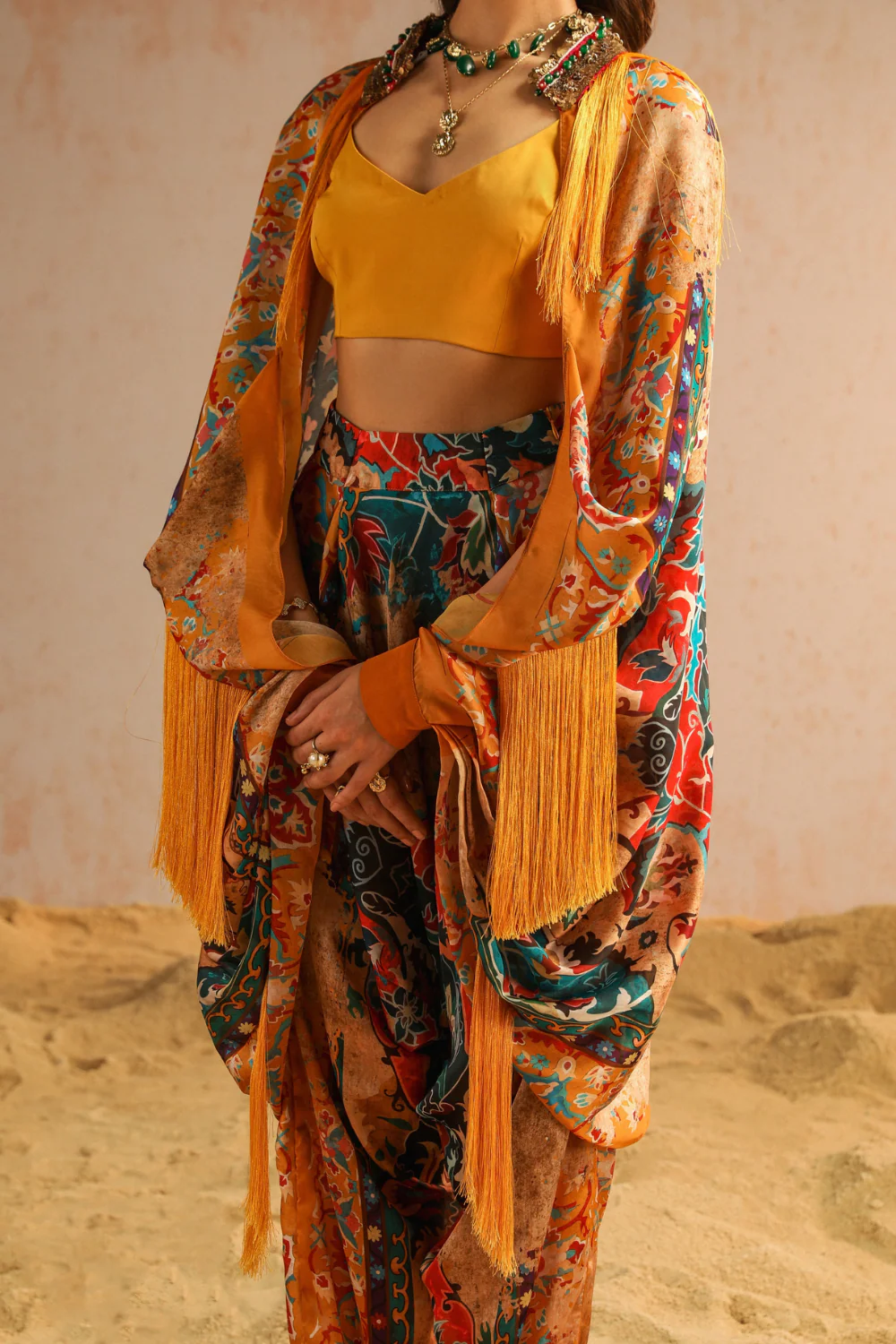 Yellow harem pants with blouse and cape - Image 4