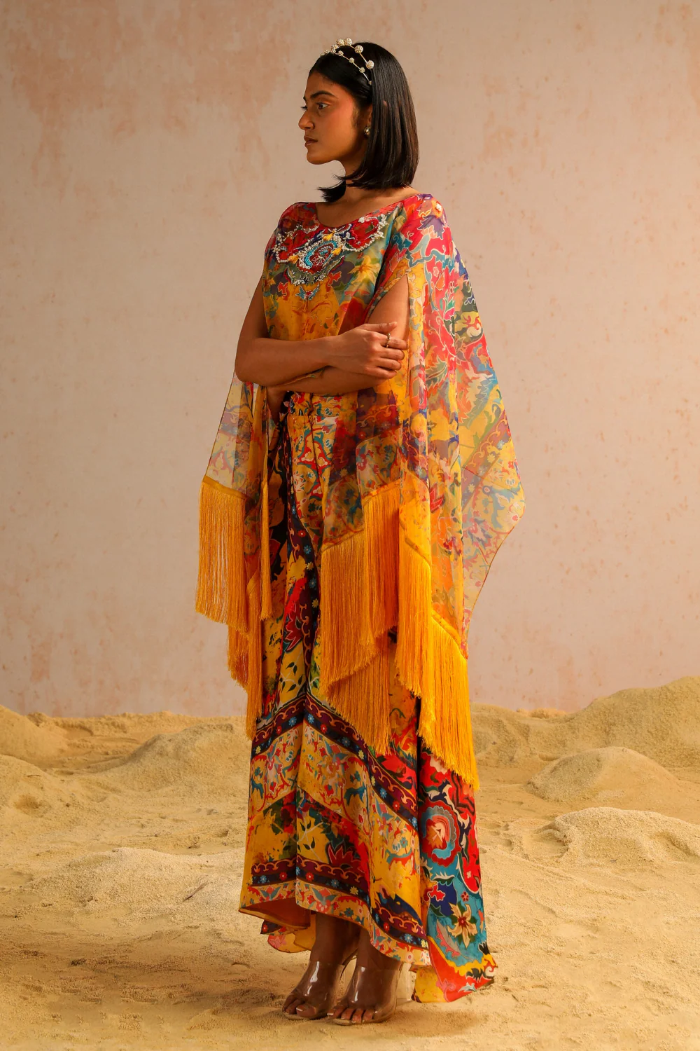 Yellow pants with blouse and cape - Image 3