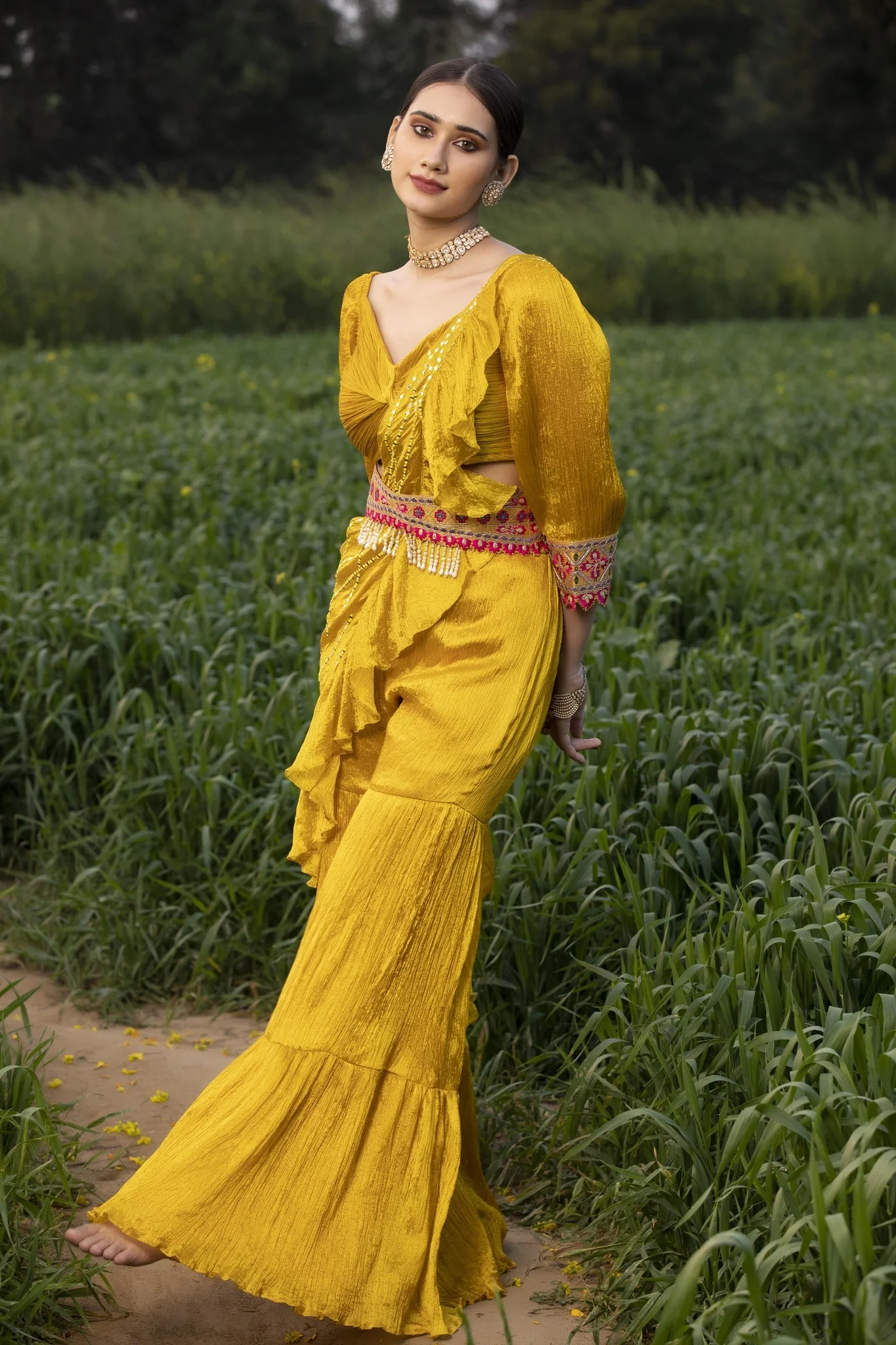 Yellow Hand-Crushed & Pleated Pure Silk Sharara - Image 3